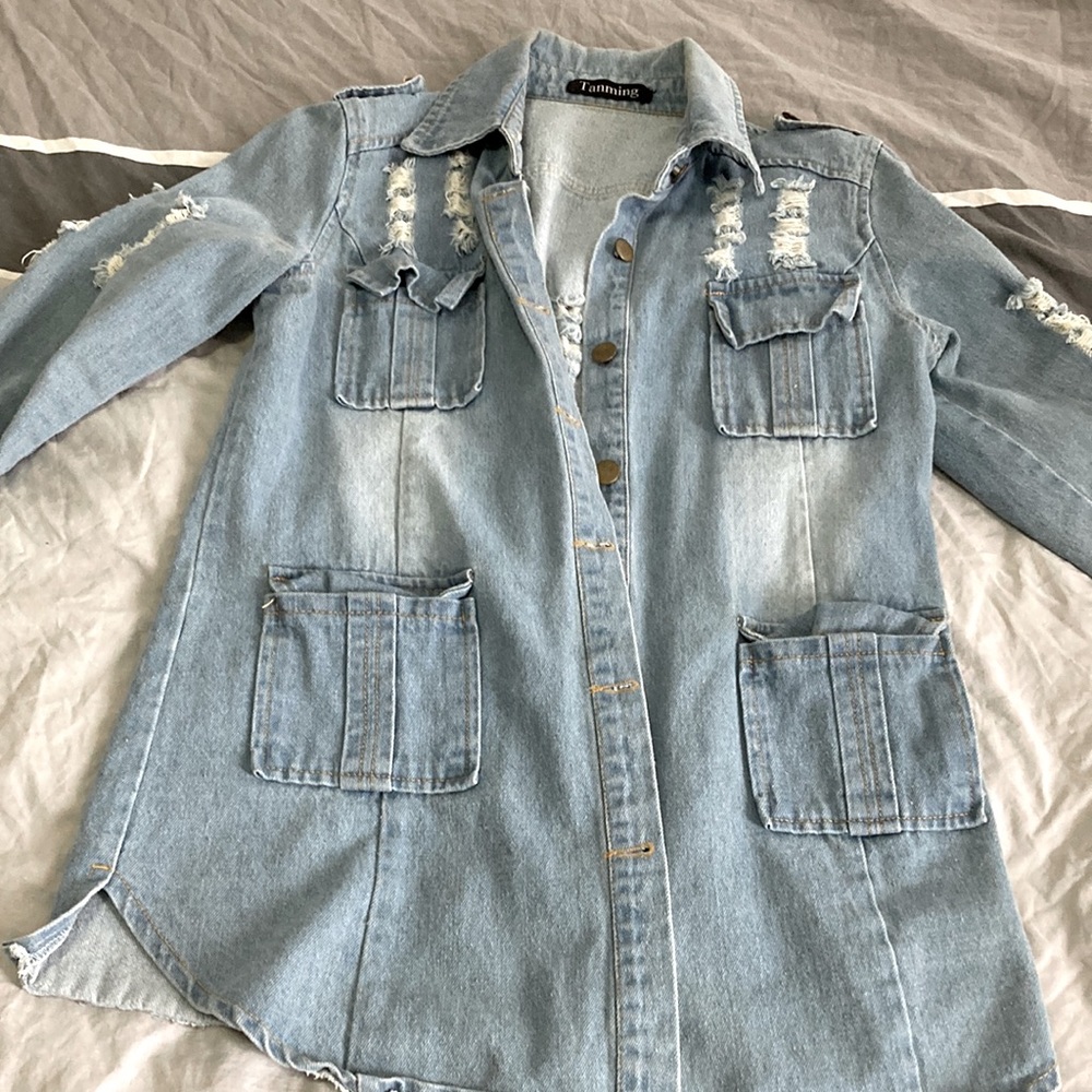 NWT Tanming distressed denim long jacket Size Medium M